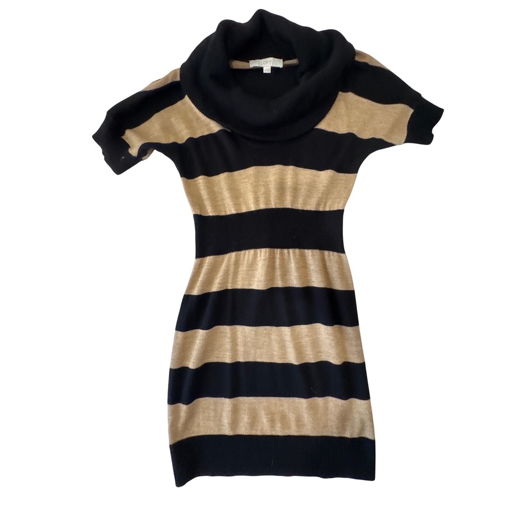 Ann Taylor Loft Merino Wool Blend Striped‎ Cowl Neck Sweater Dress Black Tan XS
